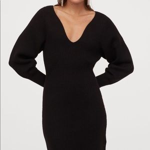 H&M Rib-knit V-neck Mini Black Sweater Dress